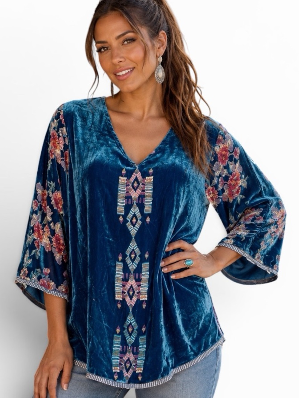 Johnny Was Fabiana Aztec silk velvet Burnout tunic NWT